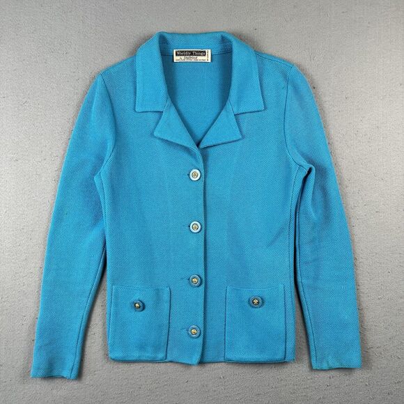 Worldly Things By Styltricot Knit Blazer Jacket Women’s 40 Light Blue Collared‎ - Picture 2 of 16